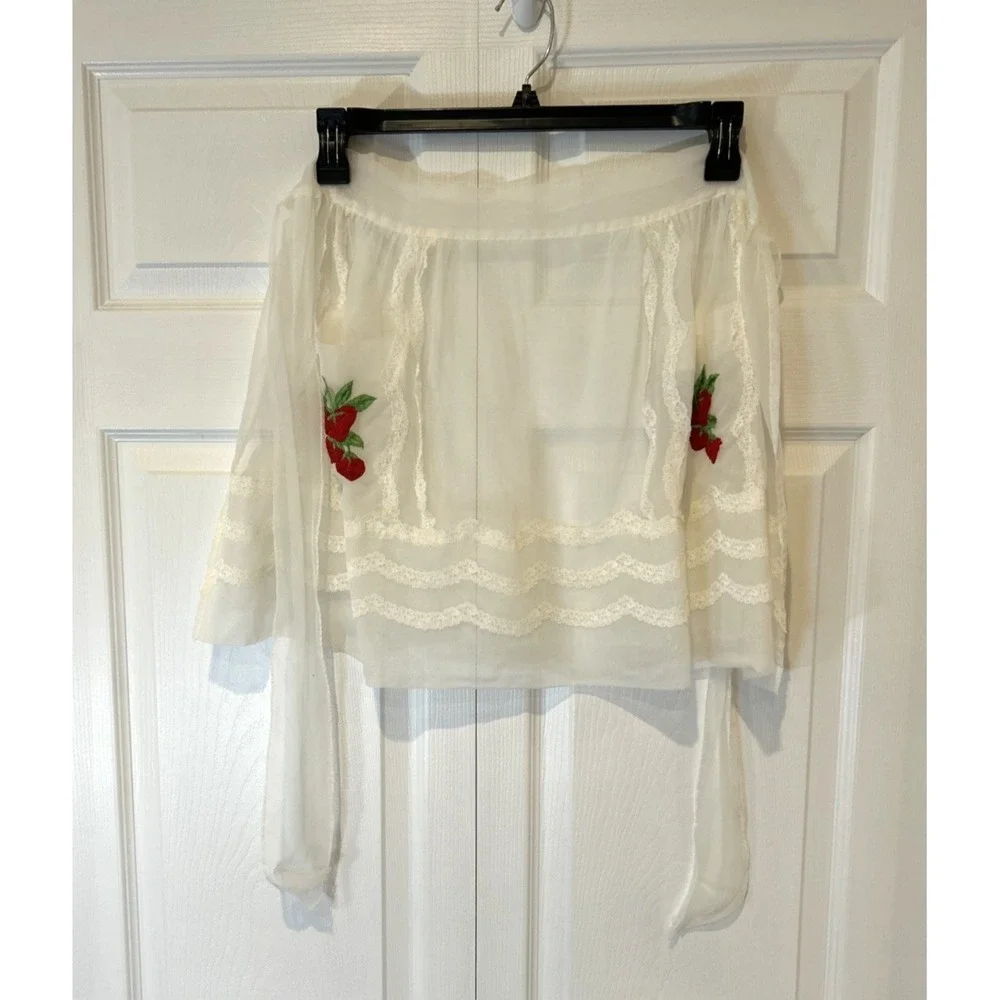 Vintage 1940s Sheer Organdy Eyelet Half Apron Women OS White Strawberry Floral